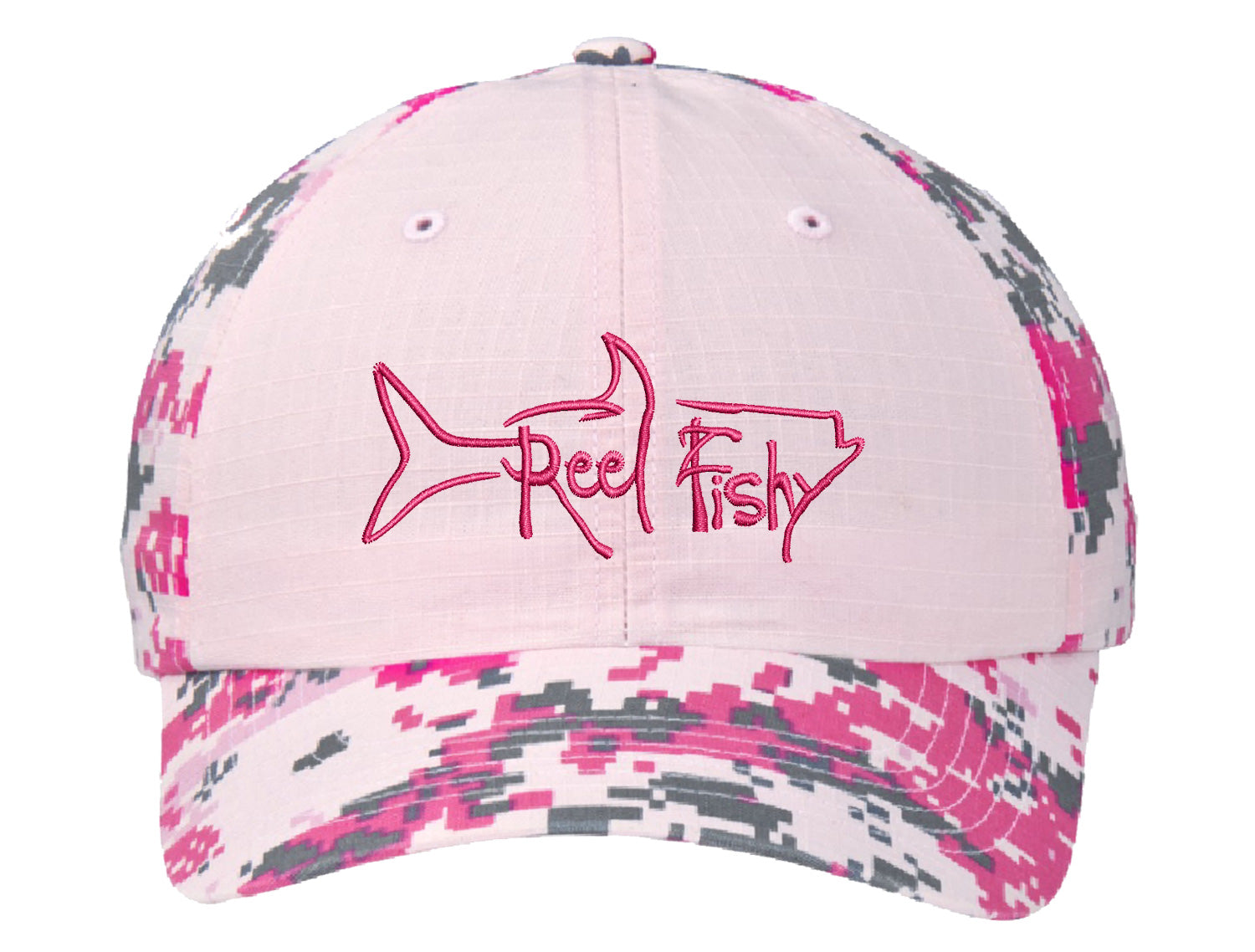 Pink Digital Camo Unstructured Dad Hat with Pink Reel Fishy Tarpon Logo