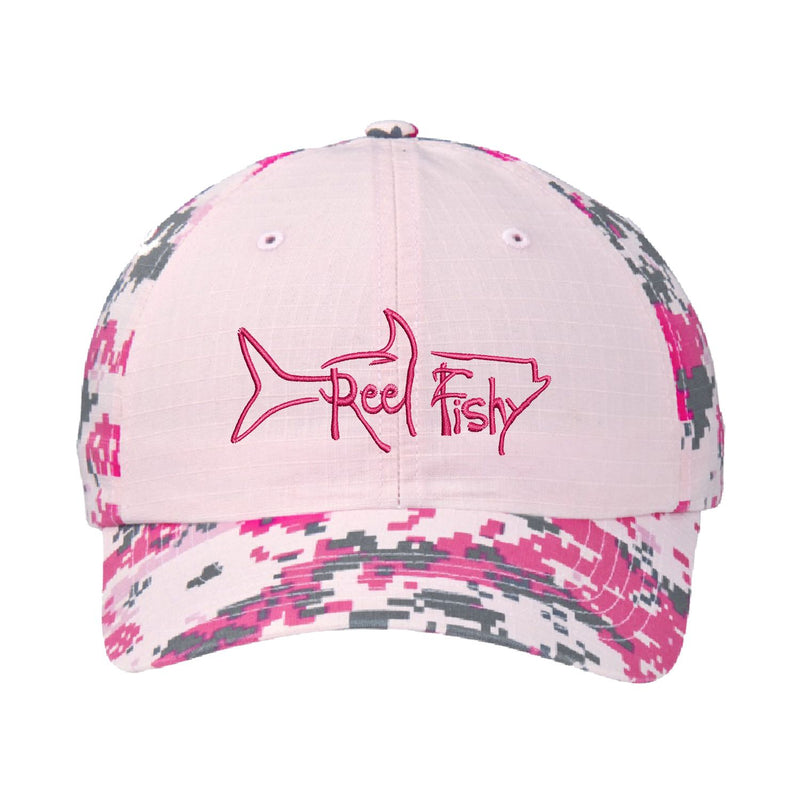 Pink Digital Camo Unstructured Dad Hat with Pink Reel Fishy Tarpon Logo