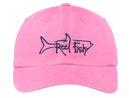 Pink Unstructured Dad Hat with Navy Reel Fishy Tarpon Logo