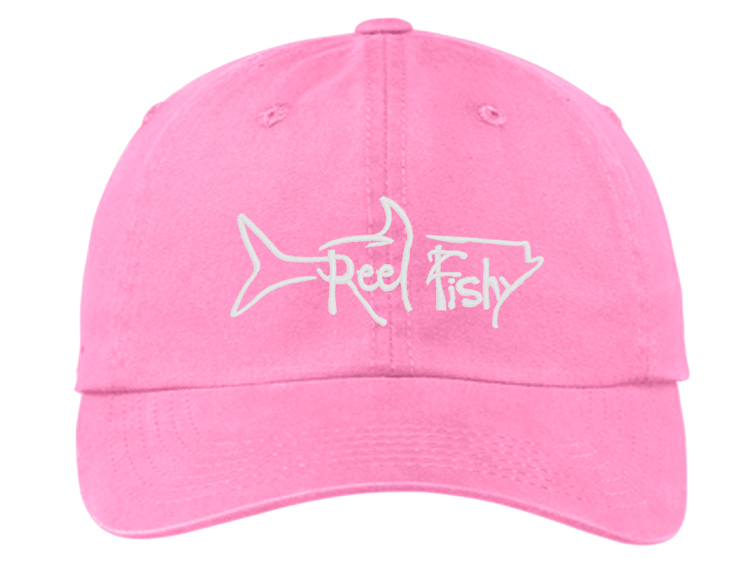 Pink Unstructured Dad Hat with White Reel Fishy Tarpon Logo