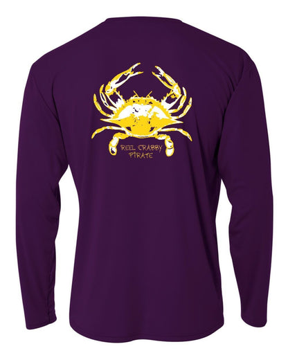Purple Youth Crab "Reel Crabby Pirate" Long Sleeve Performance Dry-Fit Shirts with Sun Protection by Reel Fishy Apparel
