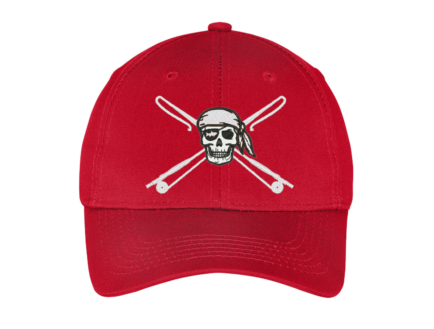 Youth Fishing Hats with Reel Fishy Pirate Skull & Rods Logo - Red