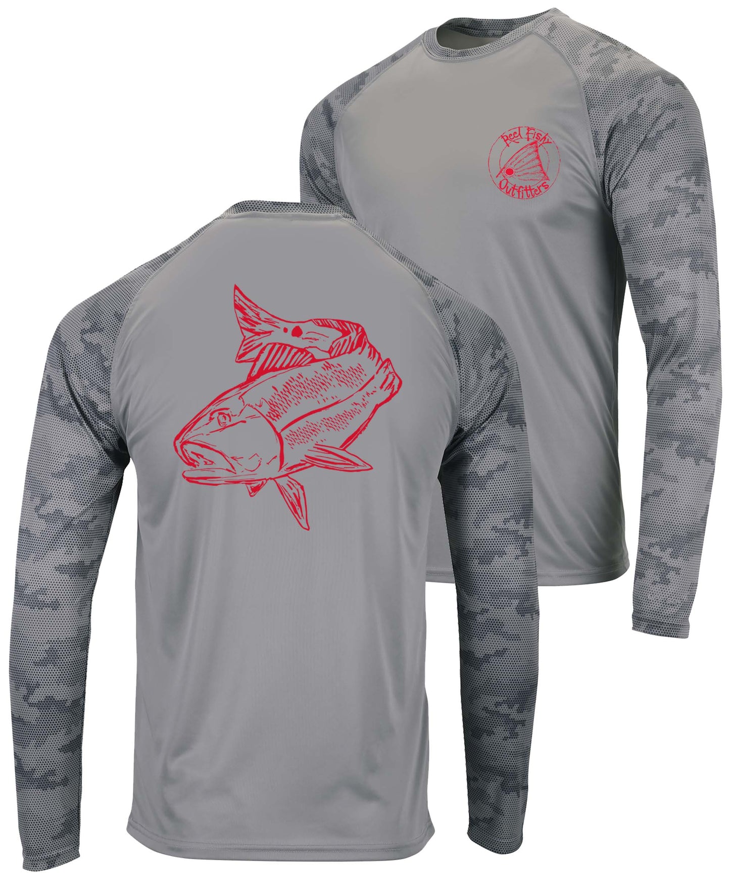 Redfish Performance Dry-Fit Fishing shirts with Sun Protection - Medium Gray Digital Camo Long Sleeve