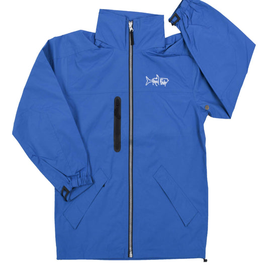 Blue Rain Jacket with Reel Fishy Tarpon embroidery