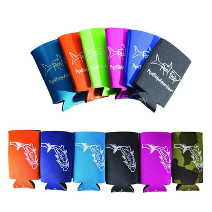 Reel Fishy Skinny Koozies in multiple vibrant colors including Pink, Lime, Orange, Light Blue, Purple, Red, and Camo