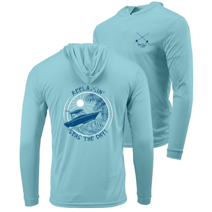 Aqua Blue Reelaxin' Seas the Day Boat motif dri-fit 50+ sun protection long sleeve hoodie