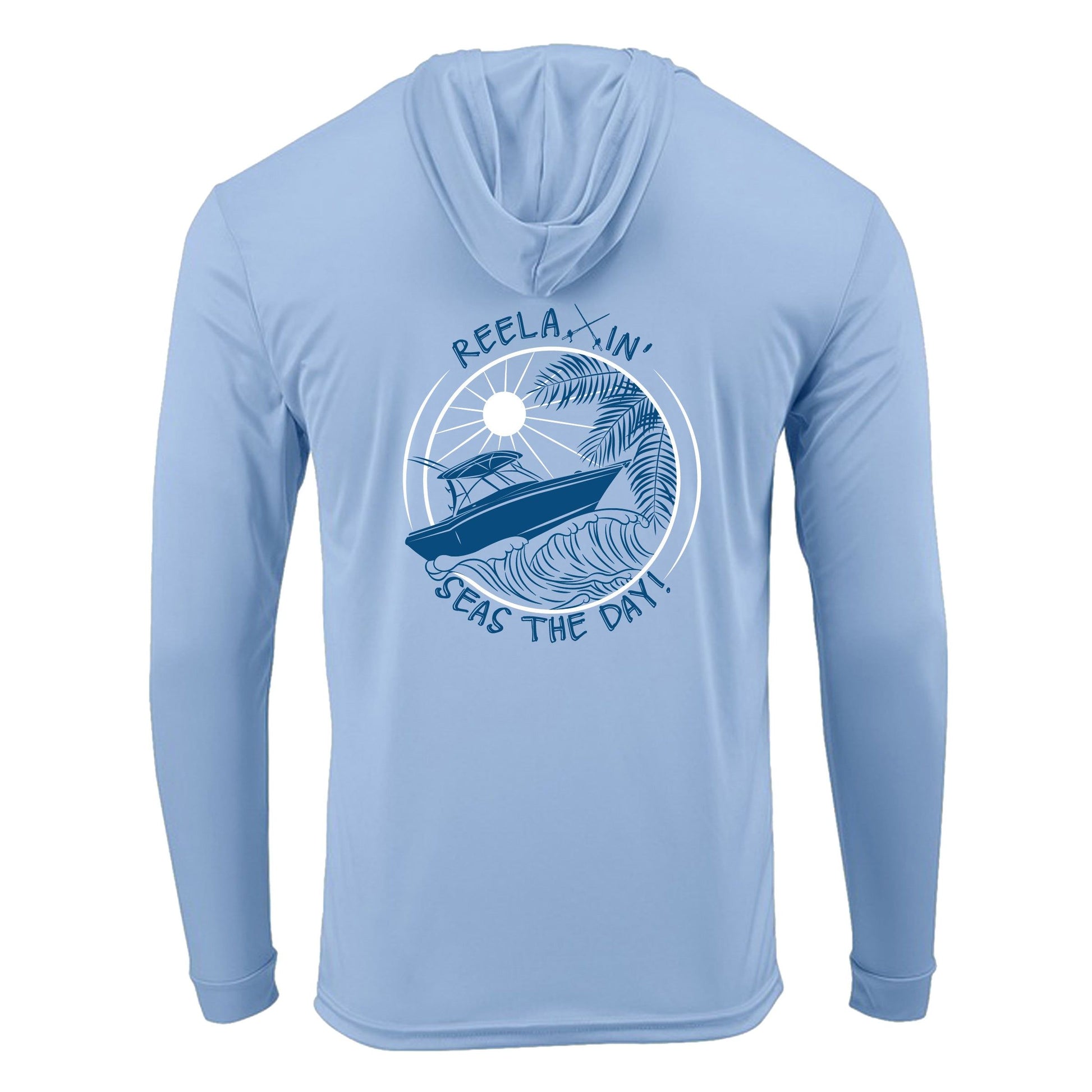 Light Blue Reelaxin' Seas the Day Boat motif dri-fit 50+ sun protection long sleeve hoodie