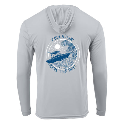 Light Gray Reelaxin' Seas the Day Boat motif dri-fit 50+ sun protection long sleeve hoodie