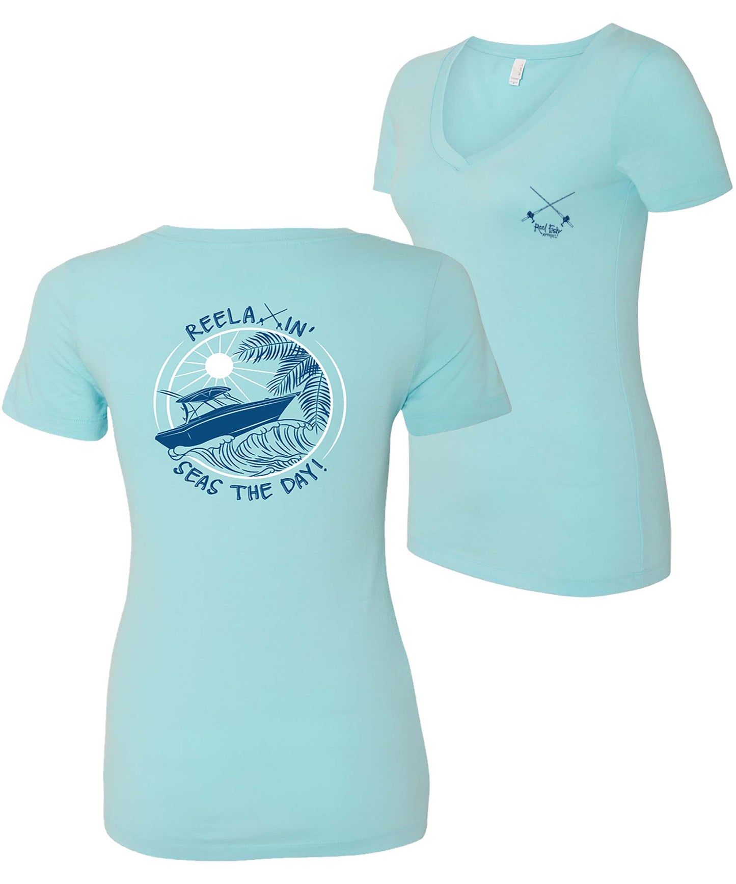 Ladies Reelaxin' - Seas the Day v-neck cotton shirt in Cancun Blue
