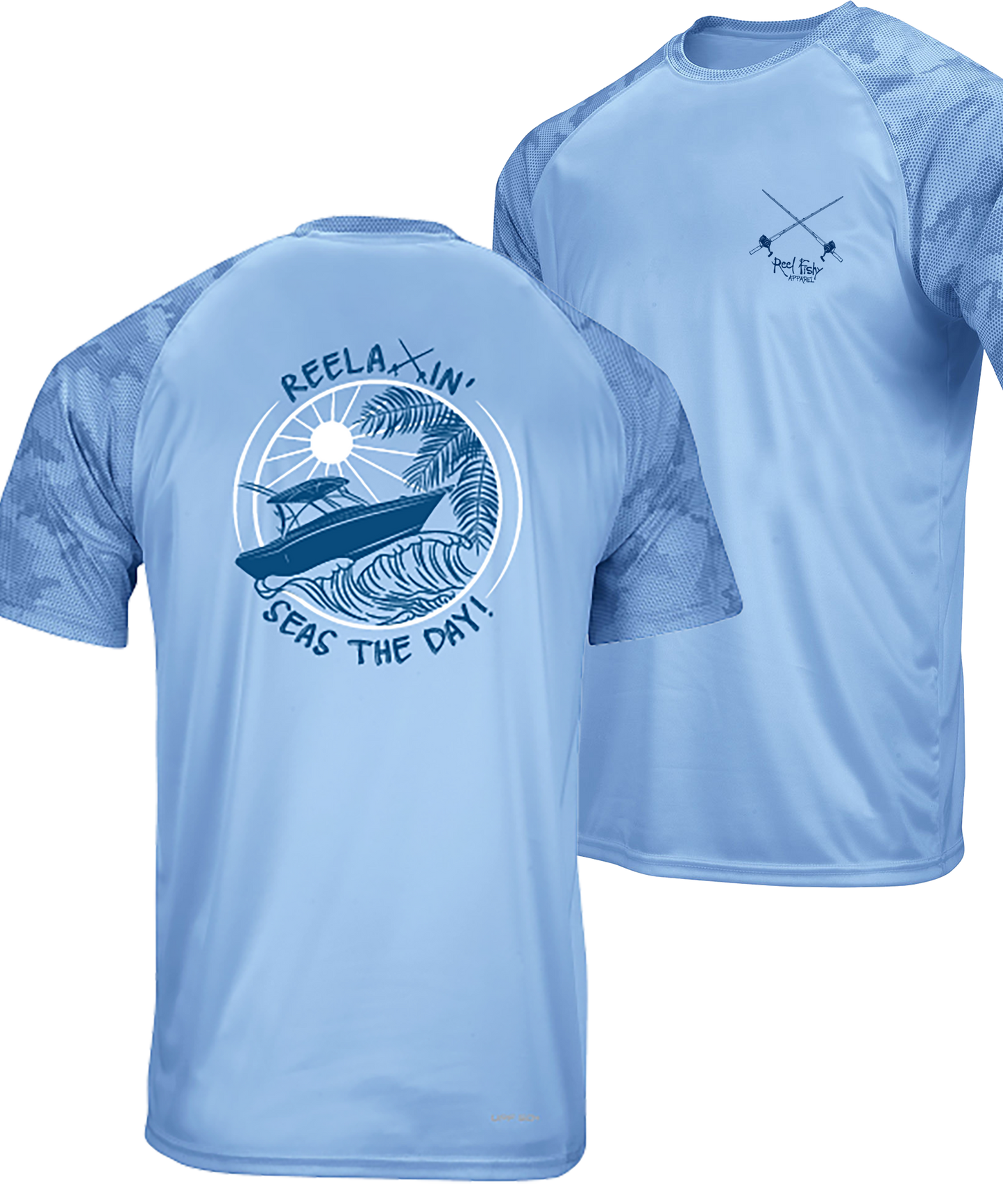 Blue Mist Cayman Digital Camo  Reelaxin' Performance Dry-Fit Fishing Short Sleeve Shirts, 50+ UPF Sun Protection - Reel Fishy Apparel