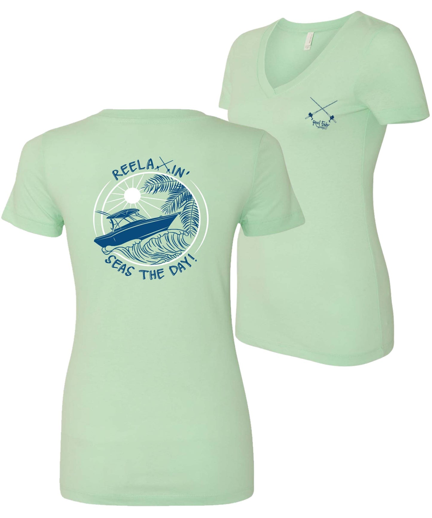 Ladies Reelaxin' - Seas the Day v-neck cotton shirt in Mint