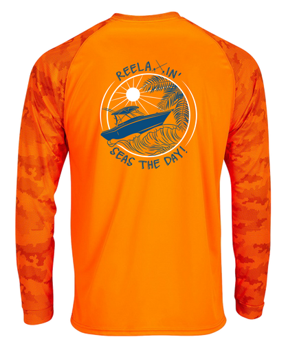 Neon Orange Reelaxin' Digital Camo Performance Dry-Fit Fishing Long Sleeve Shirts, 50+ UPF Sun Protection - Reel Fishy Apparel