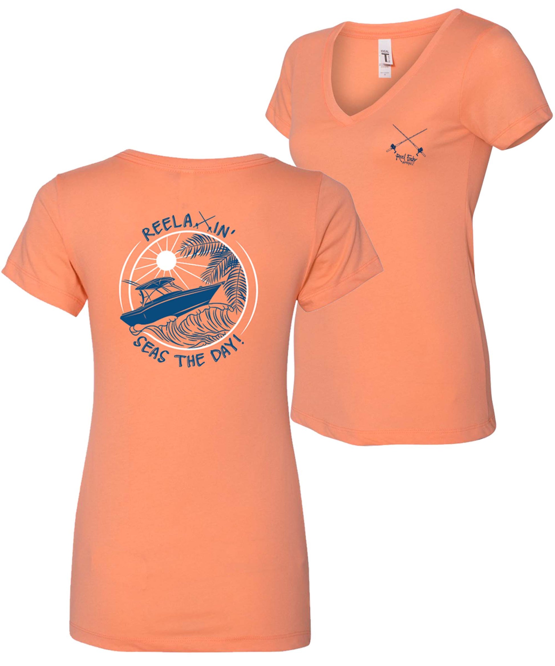 Ladies Reelaxin' - Seas the Day v-neck cotton shirt in Orange