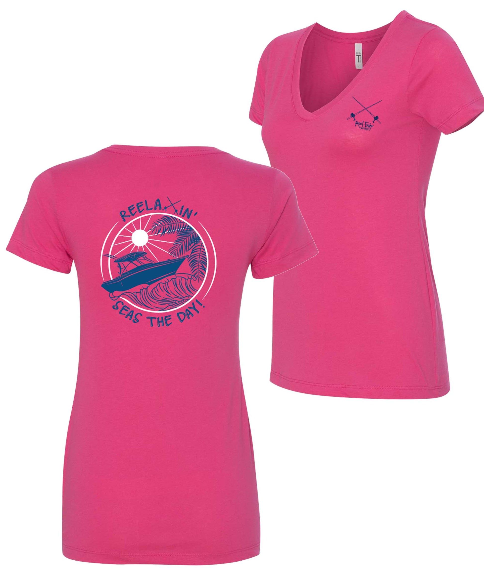 Ladies Reelaxin' - Seas the Day v-neck cotton shirt in Pink Raspberry