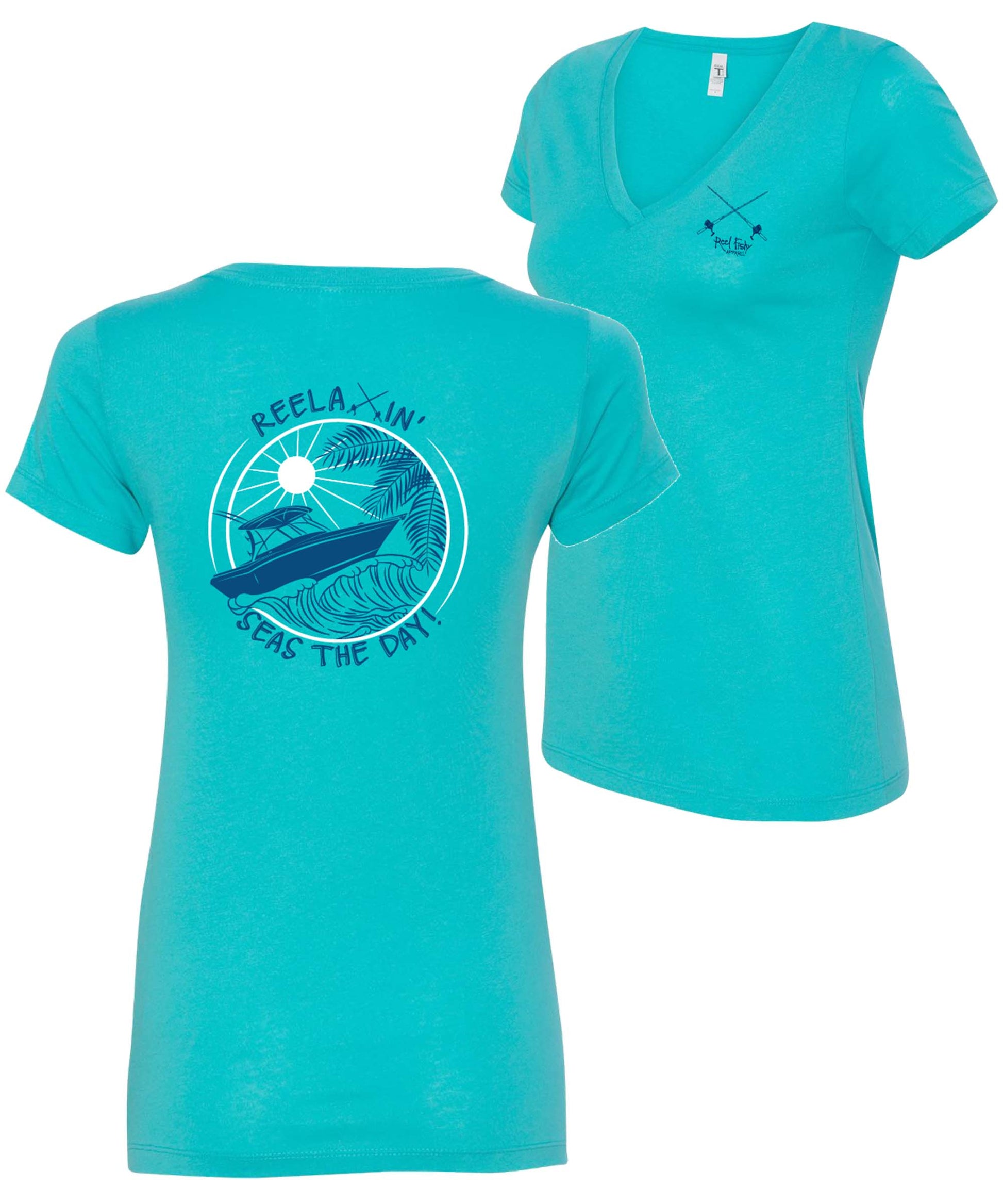 Ladies Reelaxin' - Seas the Day v-neck cotton shirt in Tahiti Blue