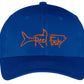 Royal Blue Unstructured Dad Hat with Orange Reel Fishy Tarpon Logo