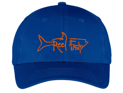 Royal Blue Unstructured Dad Hat with Orange Reel Fishy Tarpon Logo