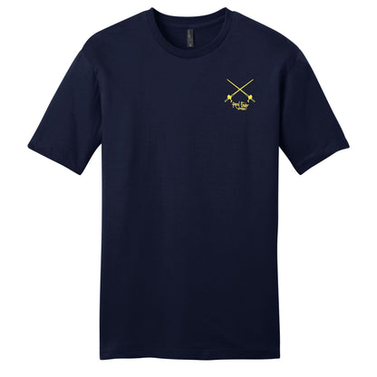 Men's navy cotton short sleeve t-shirt with snook design with Reel Fishy salt rods long on the front