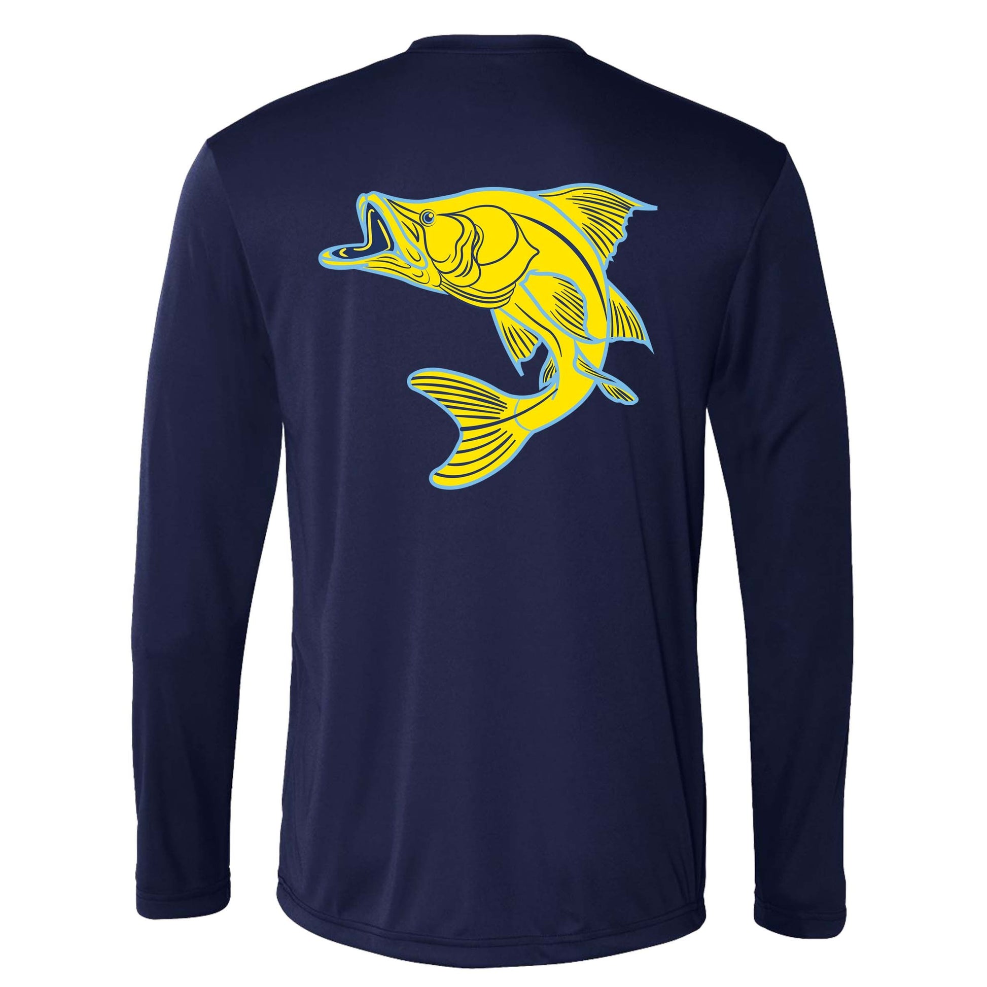 Unisex navy long sleeve performance sun shirt with Snook design