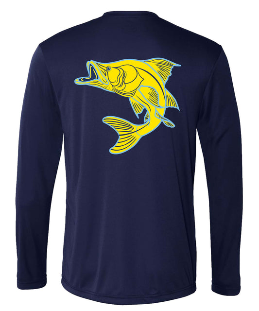 Unisex navy long sleeve performance sun shirt with Snook design
