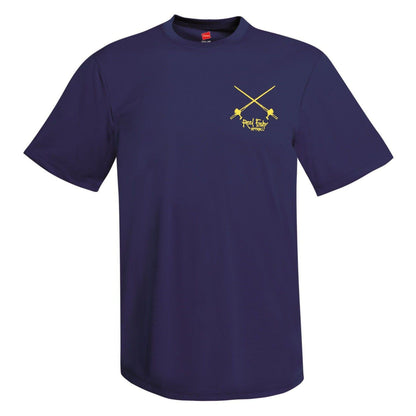 Front navy short sleeve performance sun shirt with Reel Fishy Salt Rods Logo