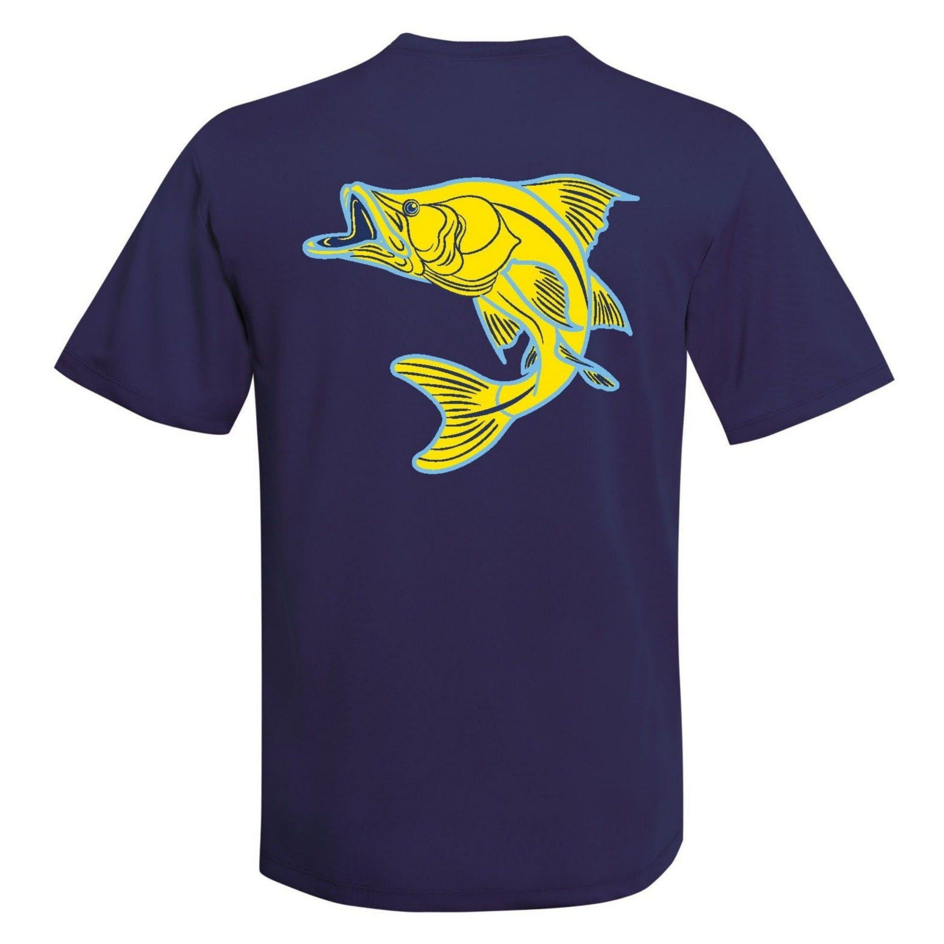 Unisex navy short sleeve performance sun shirt with Snook design
