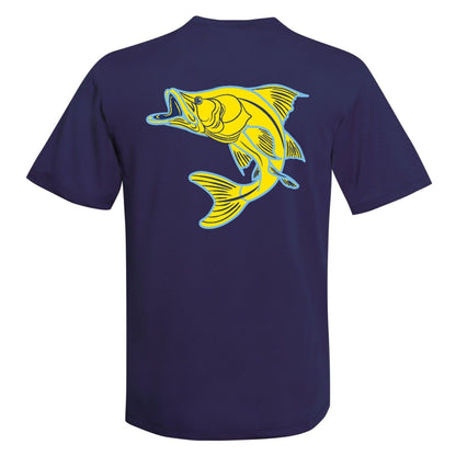Unisex navy short sleeve performance sun shirt with Snook design