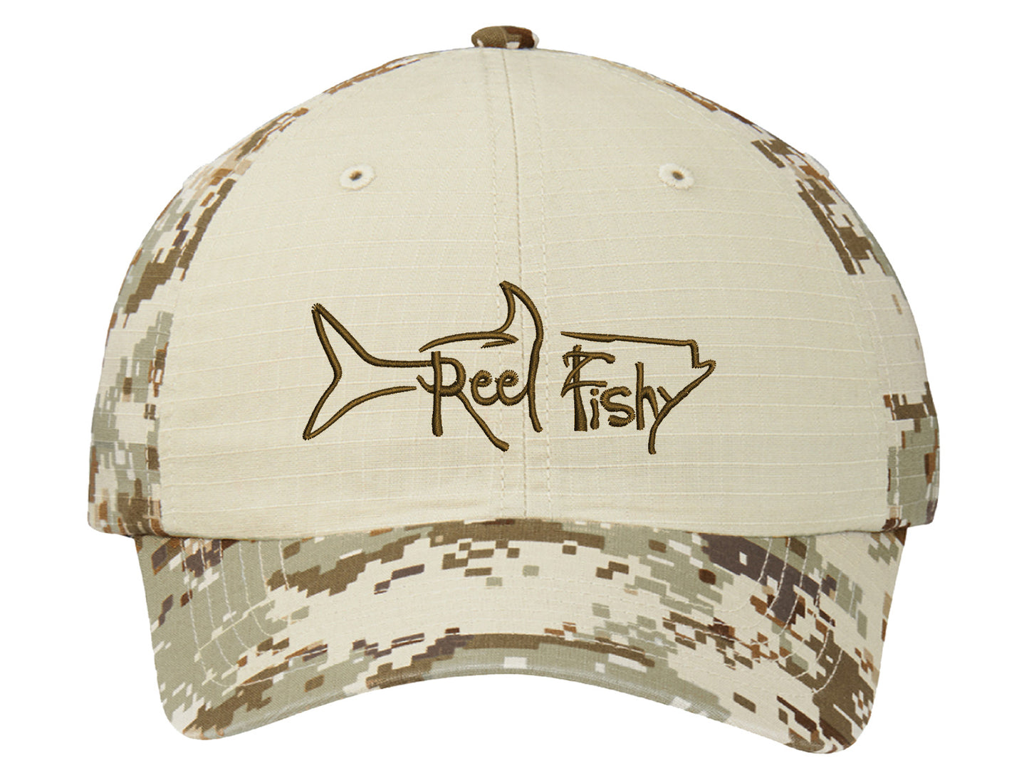 Tan Digital Camo Unstructured Dad Hat with Brown Reel Fishy Tarpon Logo