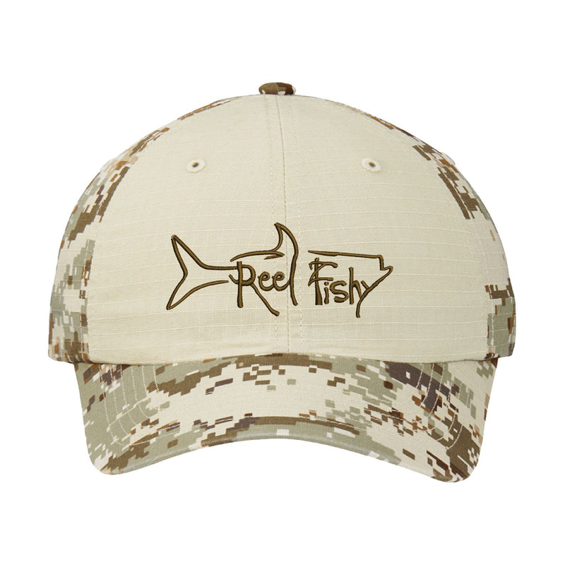Tan Digital Camo Unstructured Dad Hat with Brown Reel Fishy Tarpon Logo