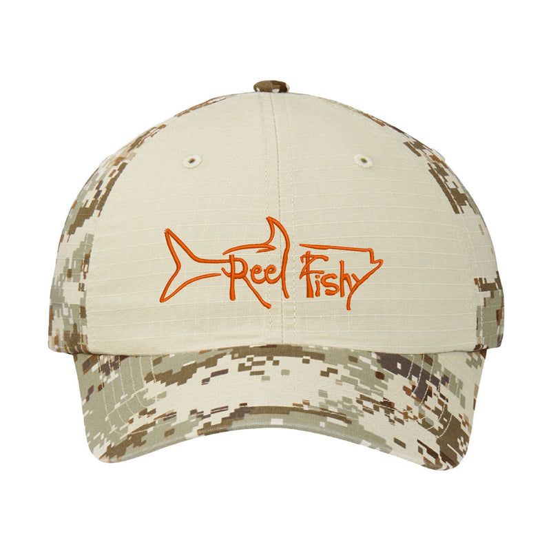 Tan Digital Camo Unstructured Dad Hat with Orange Reel Fishy Tarpon Logo