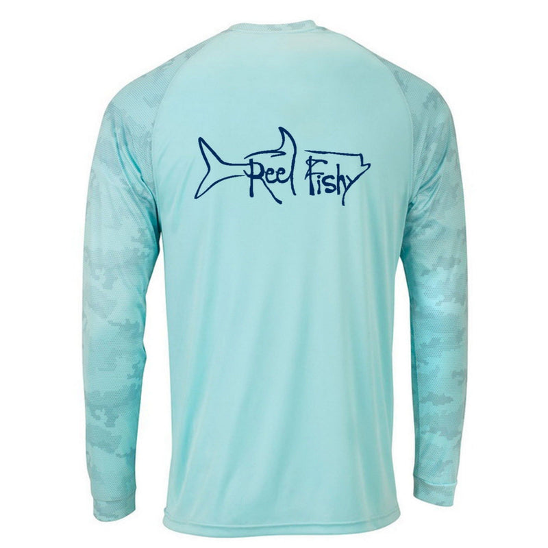 Reel Fishy Tarpon Digital Camo Dry-Fit Long Sleeve Shirt in Aqua Blue color with 50+ UPF protection