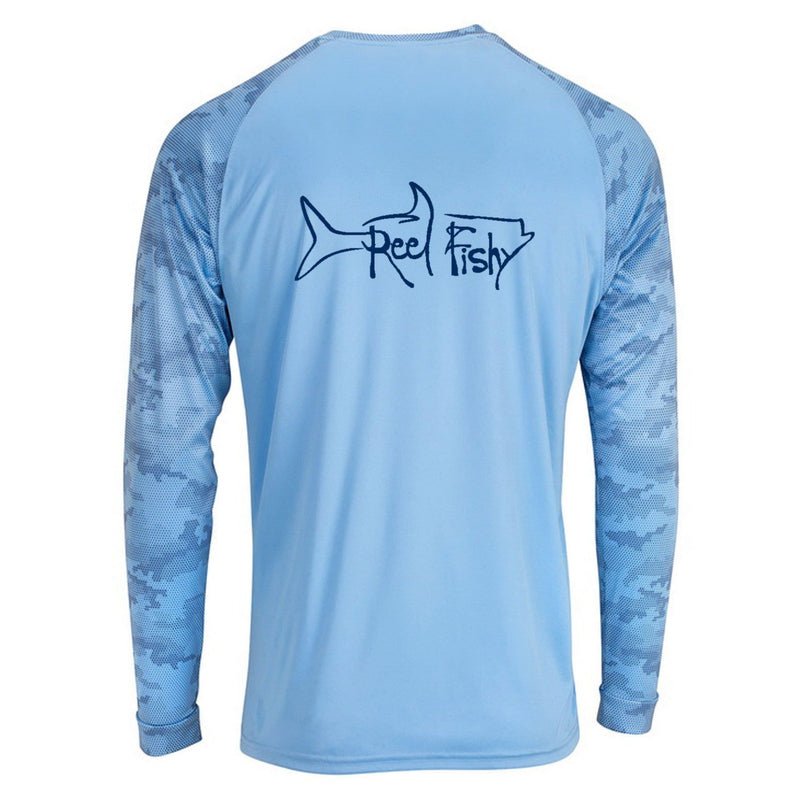 Reel Fishy Tarpon Digital Camo Dry-Fit Long Sleeve Shirt in Blue Mist color with 50+ UPF protection