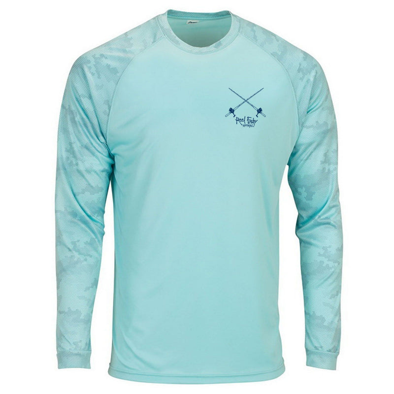 Front view of Reel Fishy Tarpon Salt Rods logo on Digital Camo Dry-Fit Long Sleeve Shirt in Aqua Blue with 50+ UPF sun protection.