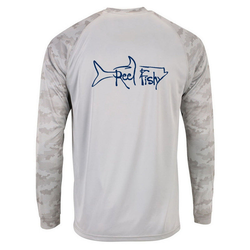 Reel Fishy Tarpon Digital Camo Dry-Fit Long Sleeve Shirt in Light Gray color with 50+ UPF protection