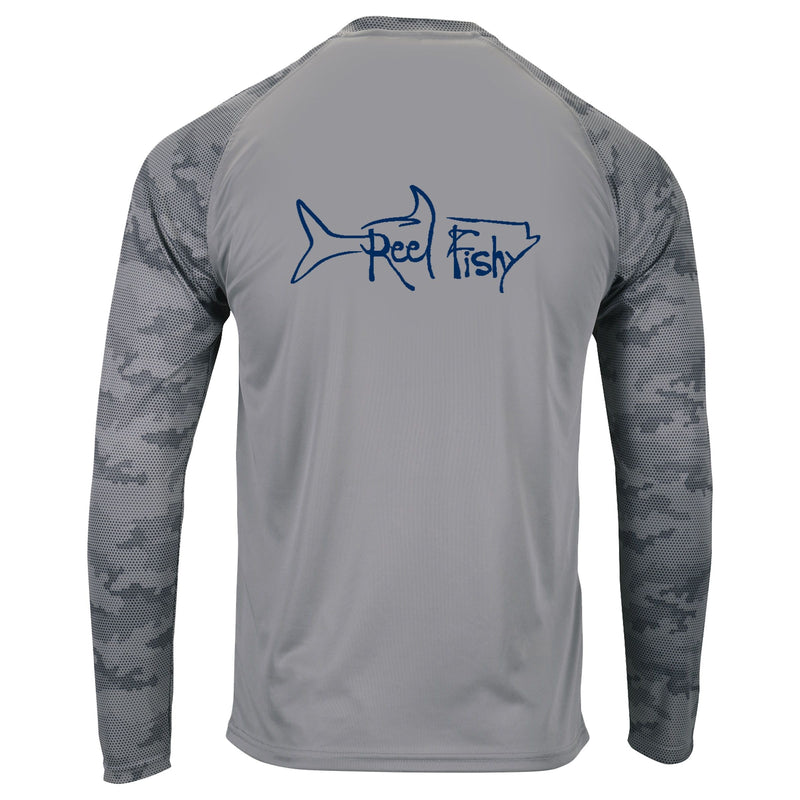 Reel Fishy Tarpon Digital Camo Dry-Fit Long Sleeve Shirt in Medium Gray color with 50+ UPF protection
