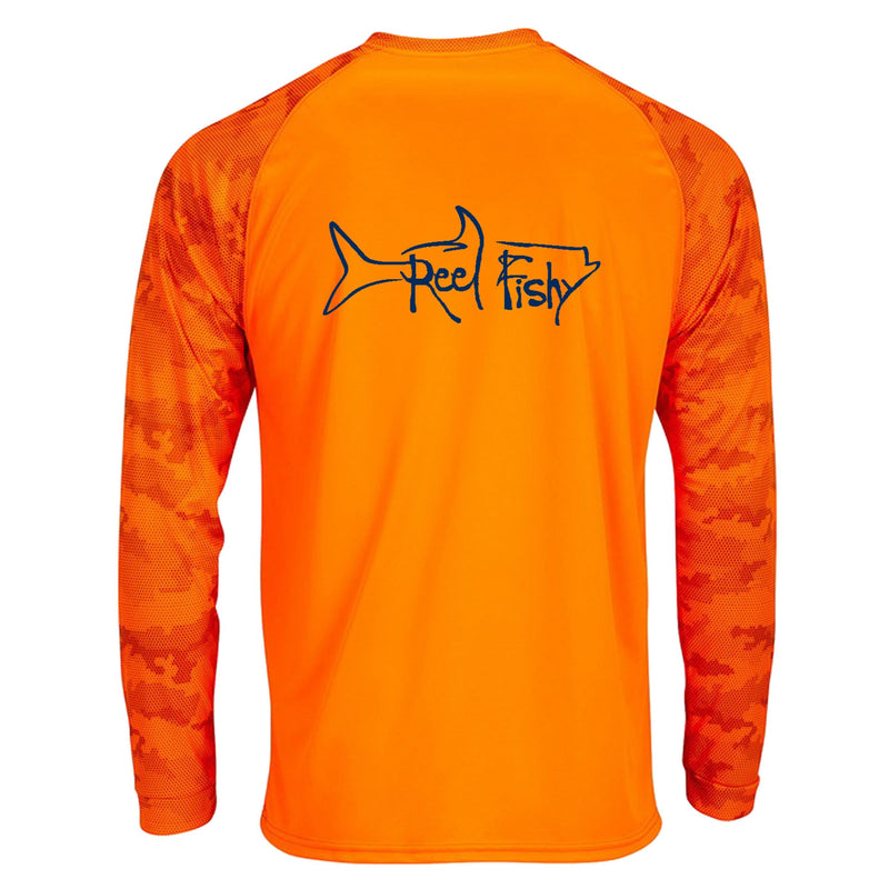 Reel Fishy Tarpon Digital Camo Dry-Fit Long Sleeve Shirt in Neon Orange color with 50+ UPF protection