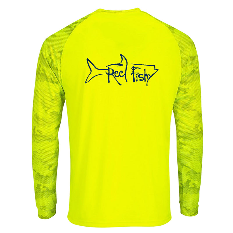 Reel Fishy Tarpon Digital Camo Dry-Fit Long Sleeve Shirt in Neon Yellow color with 50+ UPF protection