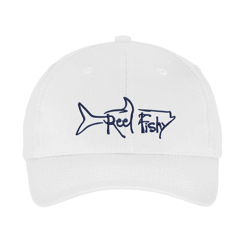 White Unstructured Dad Hat with Navy Reel Fishy Tarpon Logo