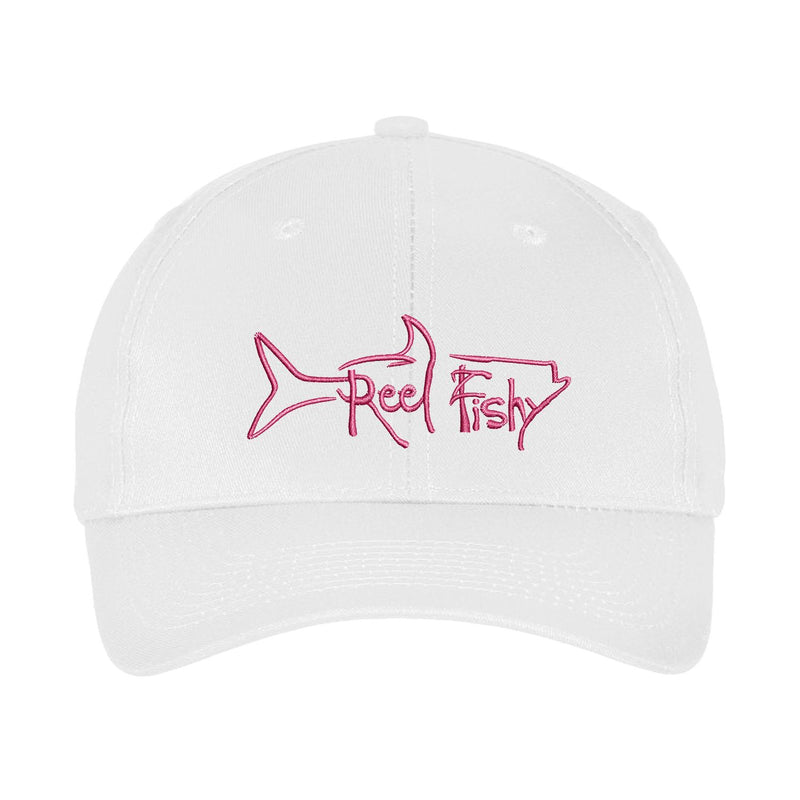 White Unstructured Dad Hat with Pink Reel Fishy Tarpon Logo