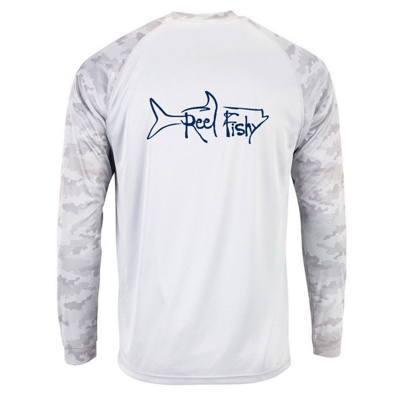 Reel Fishy Tarpon Digital Camo Dry-Fit Long Sleeve Shirt in White color with 50+ UPF protection