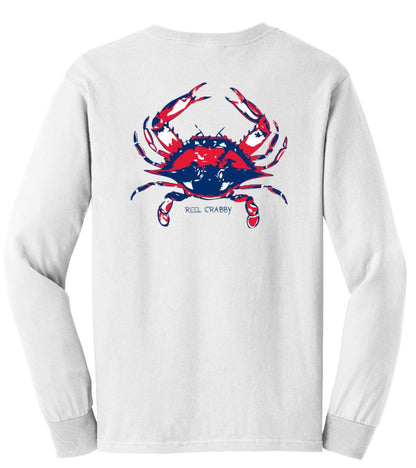 Blue Crab "Reel Crabby" Cotton White Long Sleeve Shirt