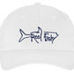 White Unstructured Dad Hat with Navy Reel Fishy Tarpon Logo