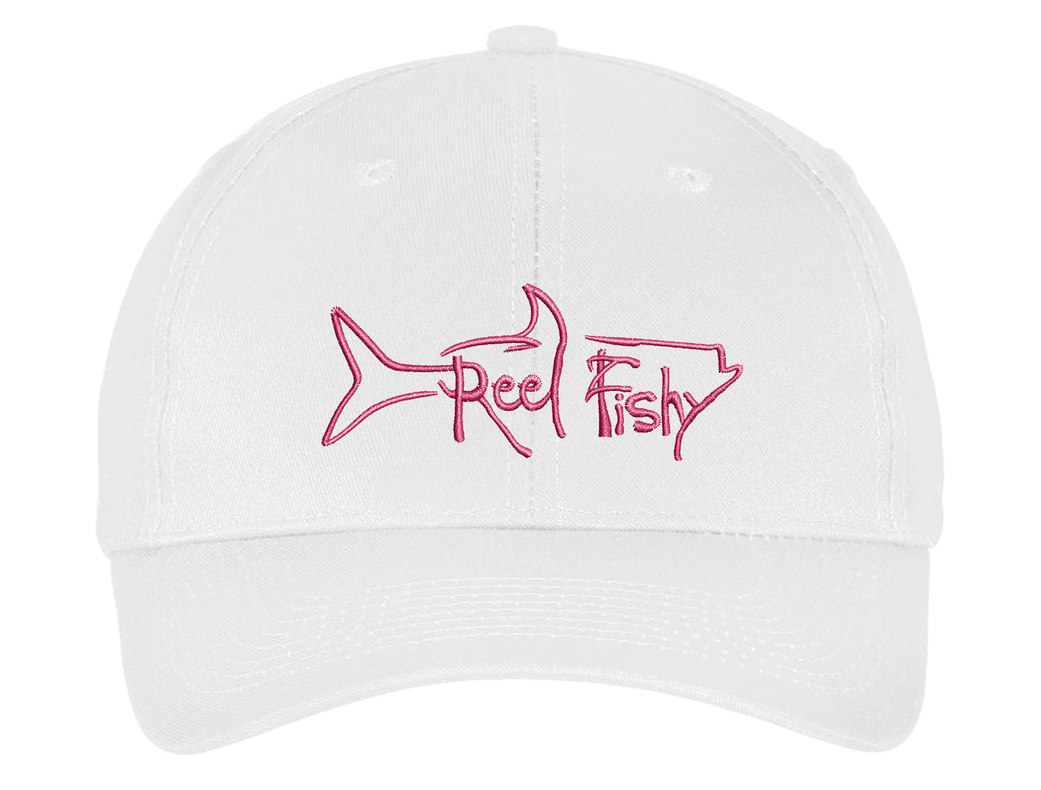 White Unstructured Dad Hat with Pink Reel Fishy Tarpon Logo