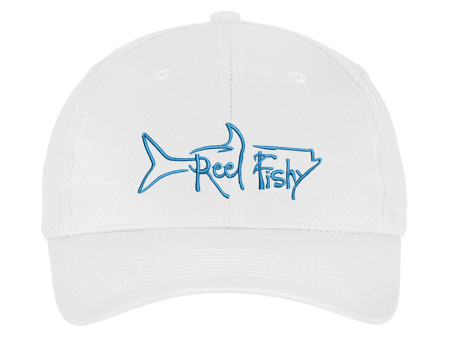 White Unstructured Dad Hat with Turquoise Reel Fishy Tarpon Logo