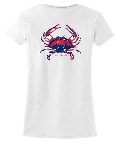 Ladies Crab V-neck Reel Crabby tee - White