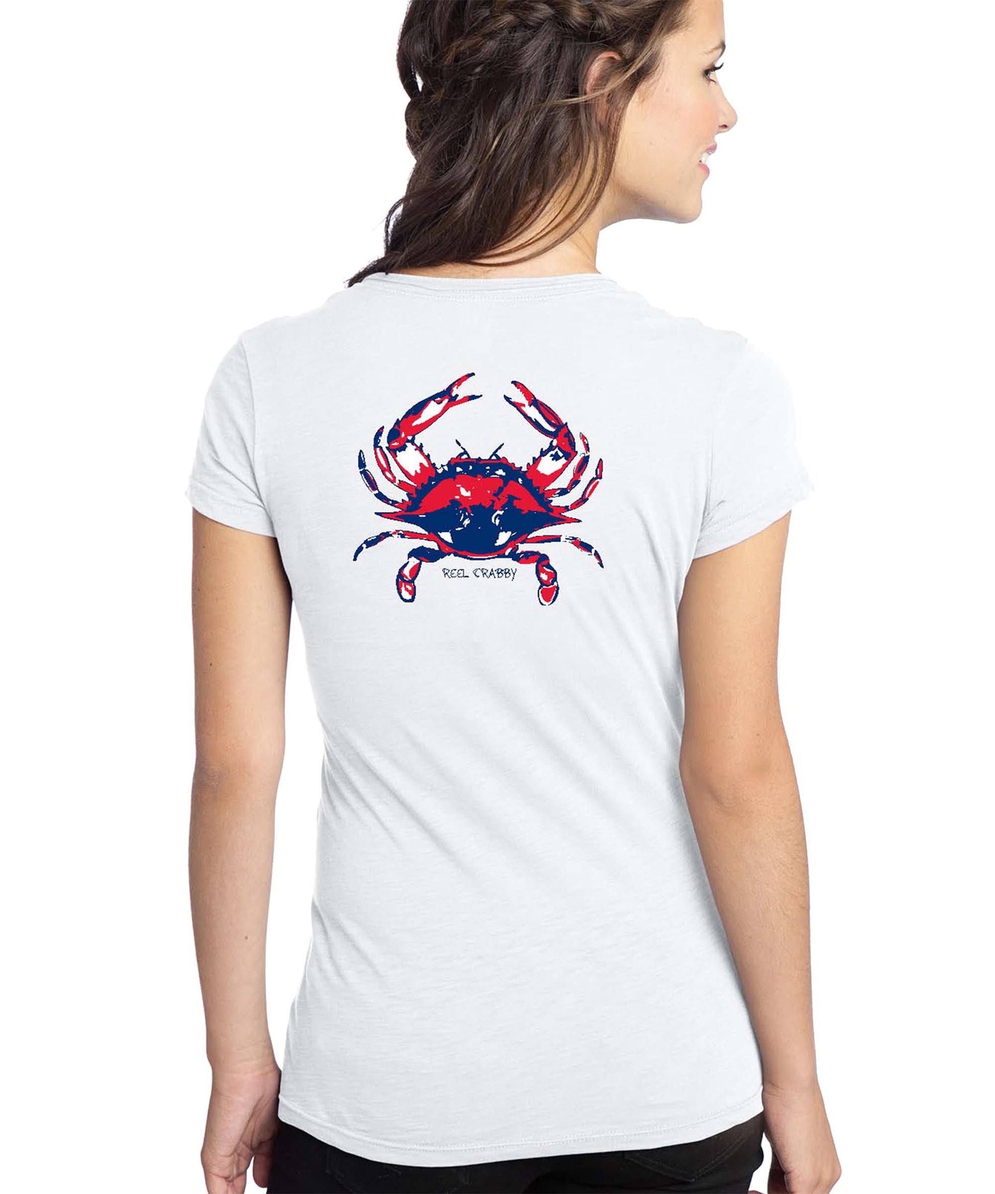 Ladies Crab V-neck Reel Crabby tee - (Model) White shirt