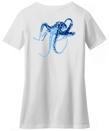 White Ladies Octopus V-neck Short Sleeve Cotton Tee - Reel Fishy Apparel Spearguns logo on front