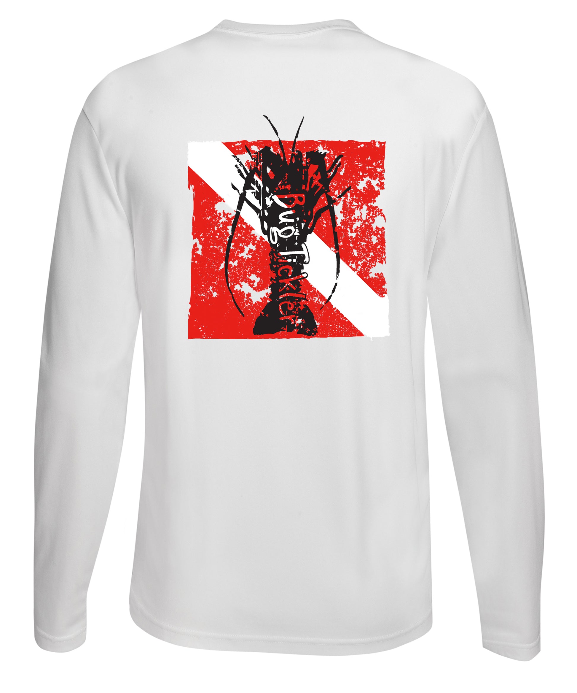 Lobster Performance Dry-Fit Fishing shirts with Sun Protection - "Bug Tickler" Dive Logo - White Long Sleeve