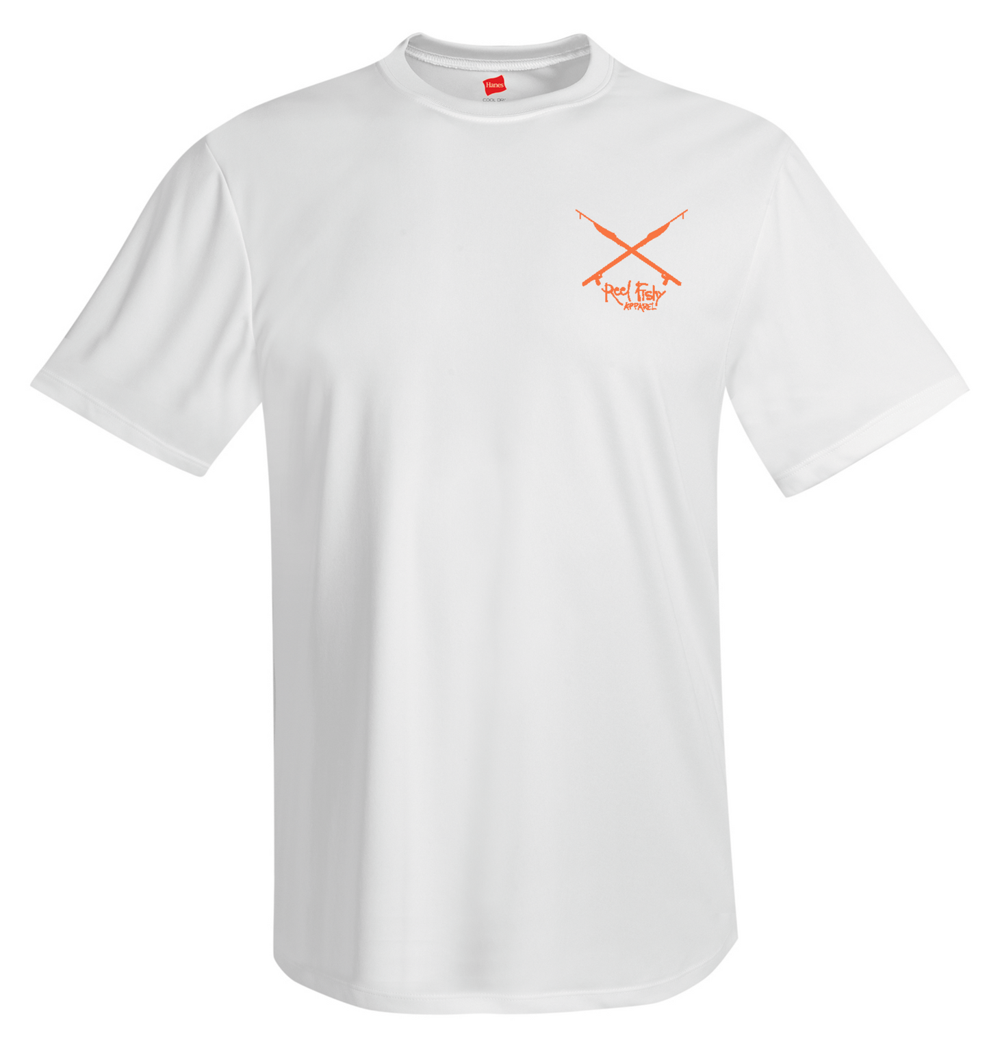 Octopus Performance Dry-Fit Short Sleeve - Front White w/Orange Reel Fishy Spears logo