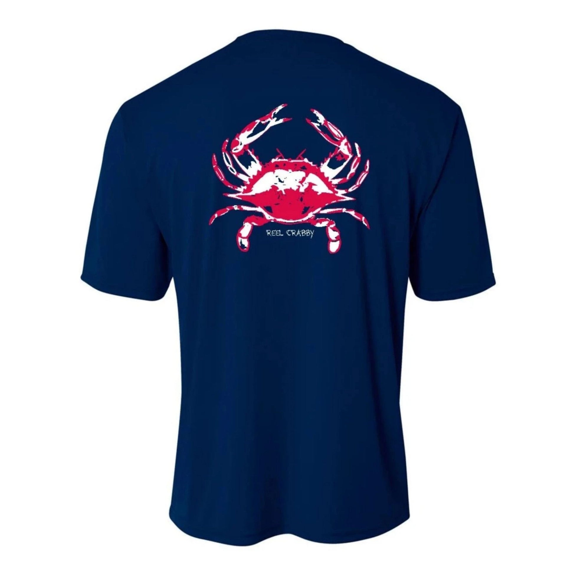 Youth navy performance short sleeve shirt with blue crab design on back, Reel Fishy tarpon logo on front.